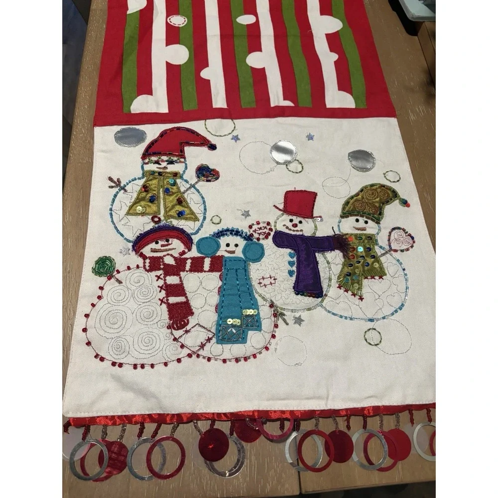 Pier 1 Embroidered Beaded  Christmas Table Runner~Whimsical Snowman Sequins~72